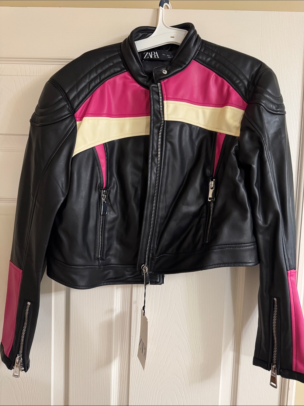 Zara Black Leather Moto Jacket with Pink & Cream Panels